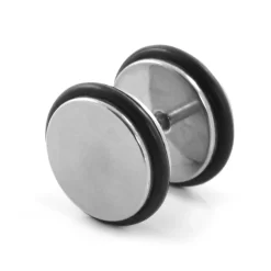 10 Mm Silver-Tone Stainless Steel & Black Rubber Fake Plug Earring