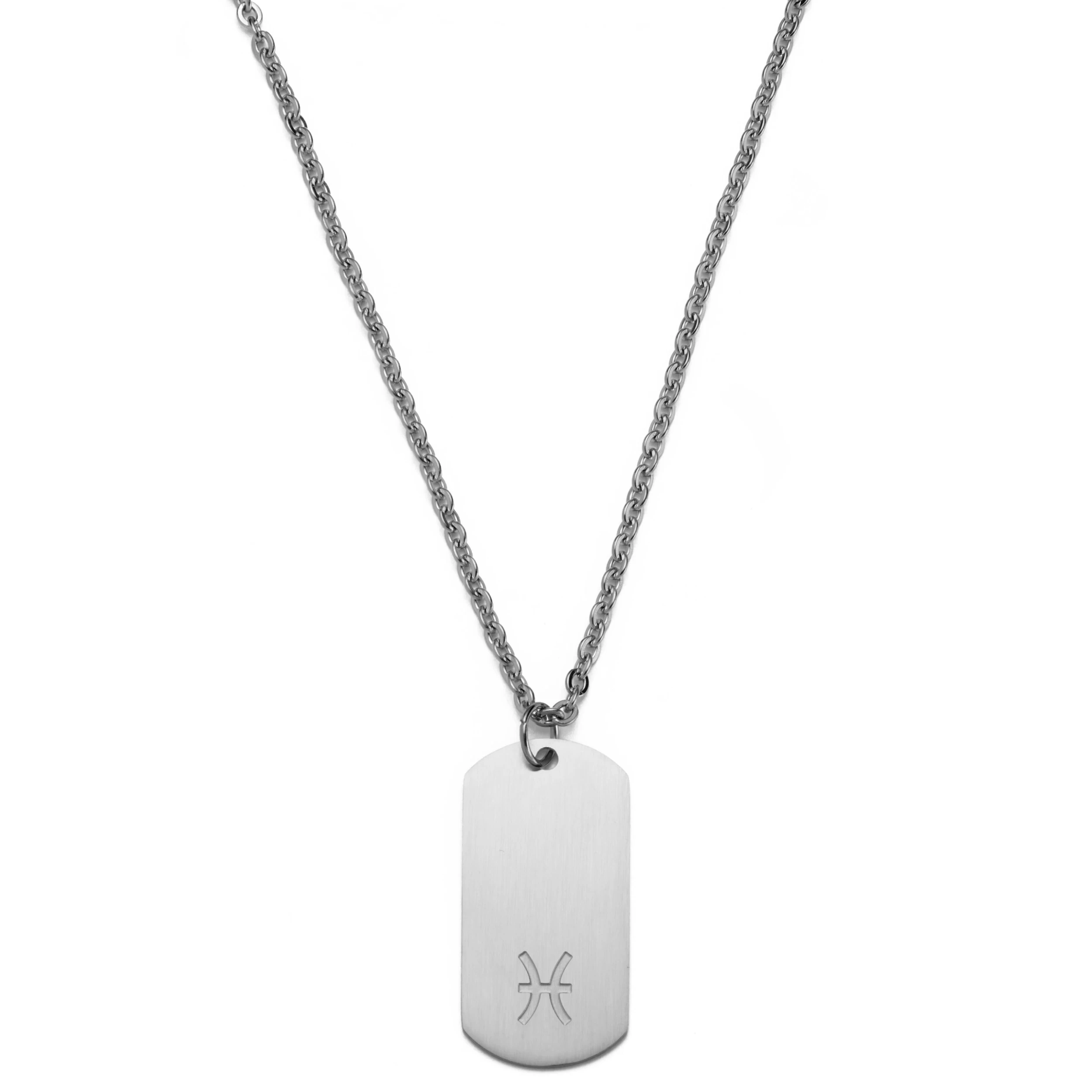 Zodiac | Silver-Tone Stainless Steel Pisces Star Sign Dog Tag Cable Chain Necklace