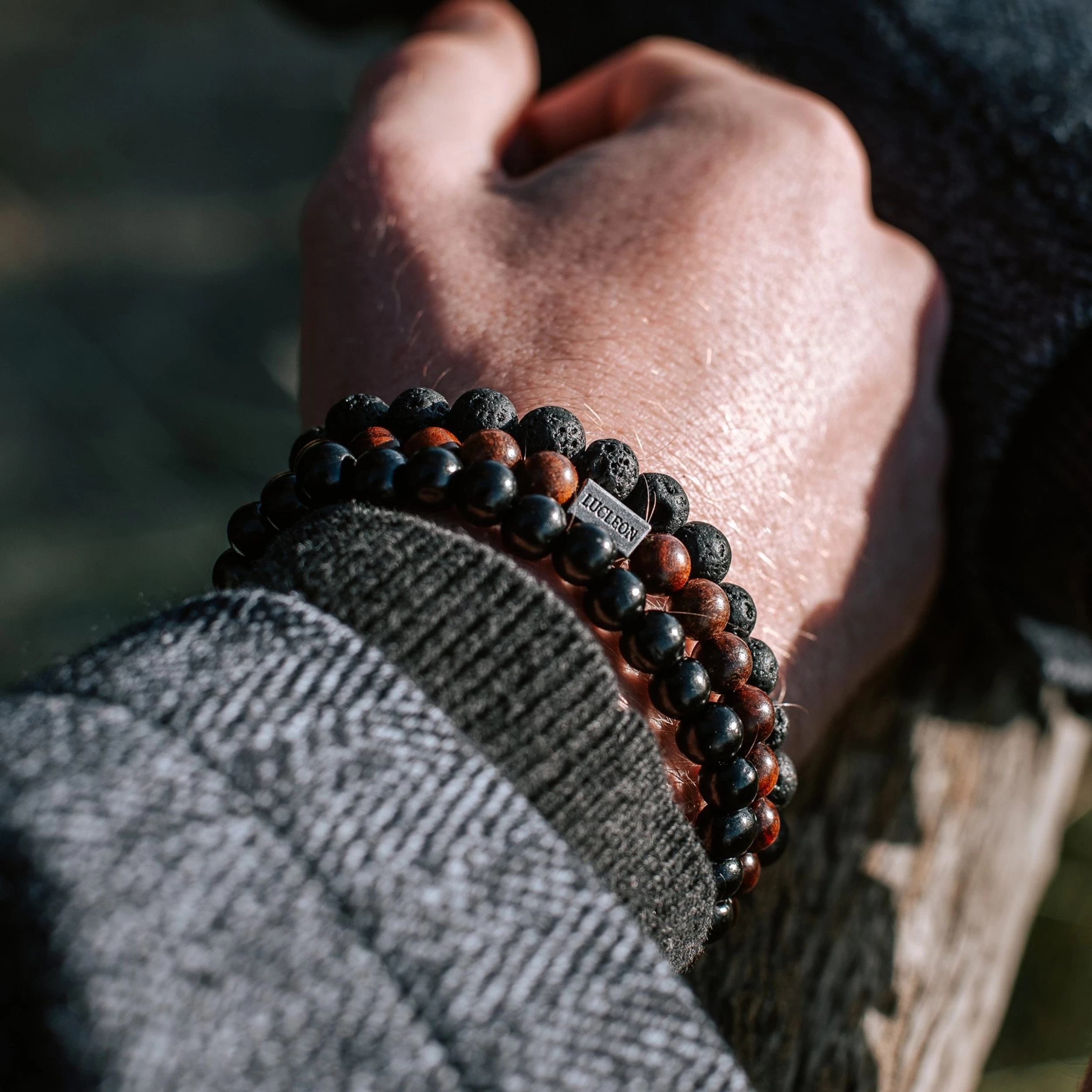 Black Lava Rock & Natural Wooden Bracelet Set - Image 4