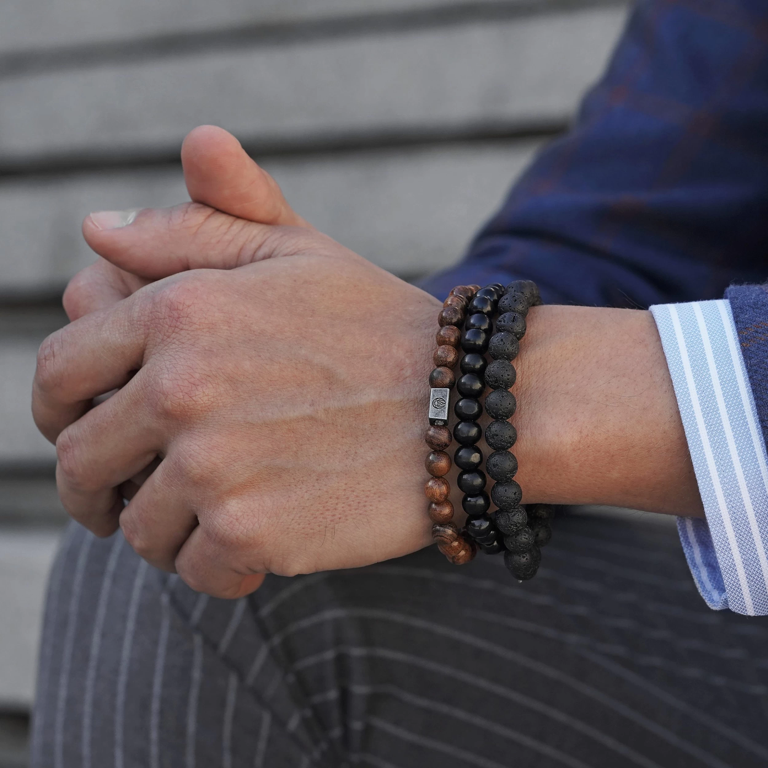 Black Lava Rock & Natural Wooden Bracelet Set - Image 2
