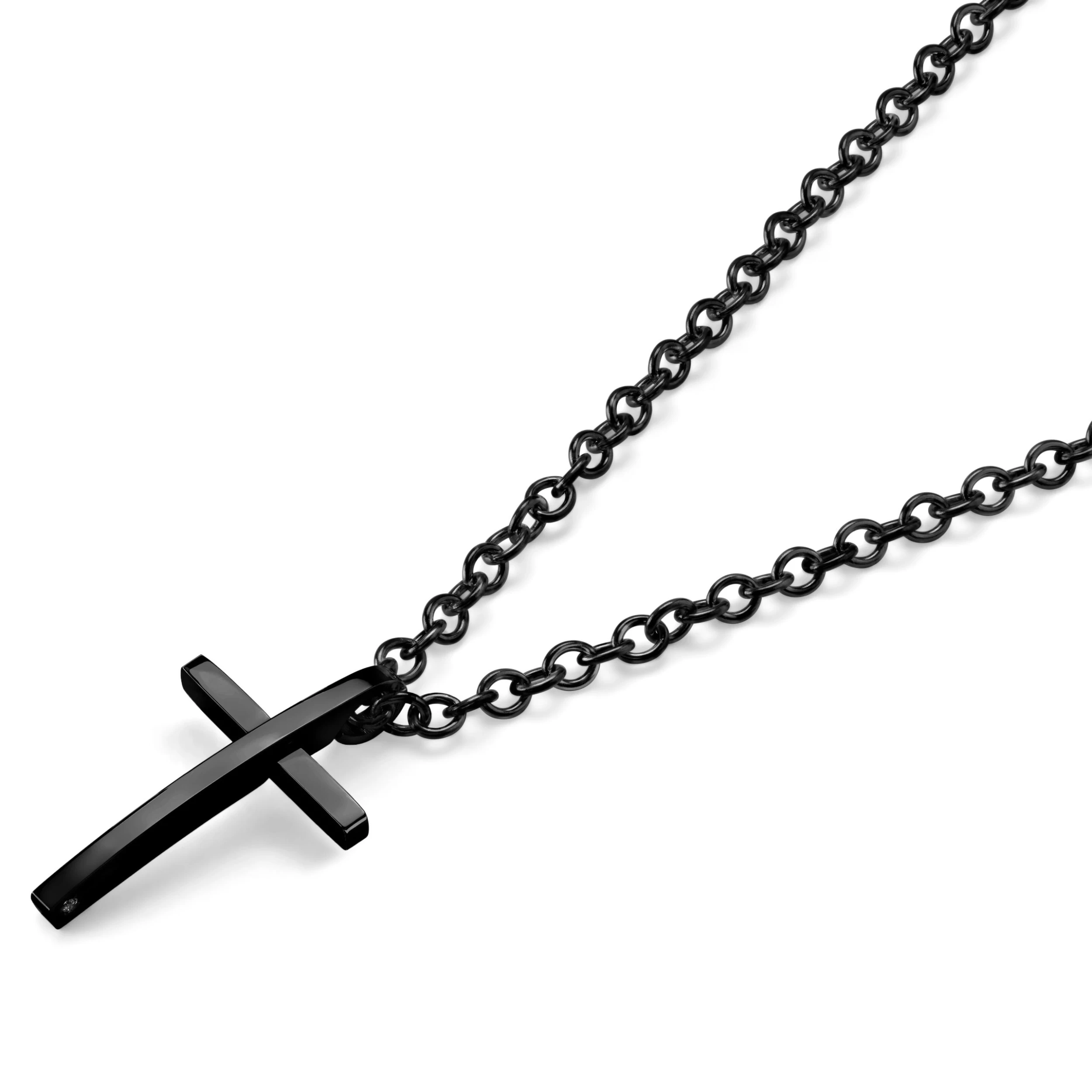 Black Stainless Steel With Bend Cross Cable Chain Necklace - Image 2