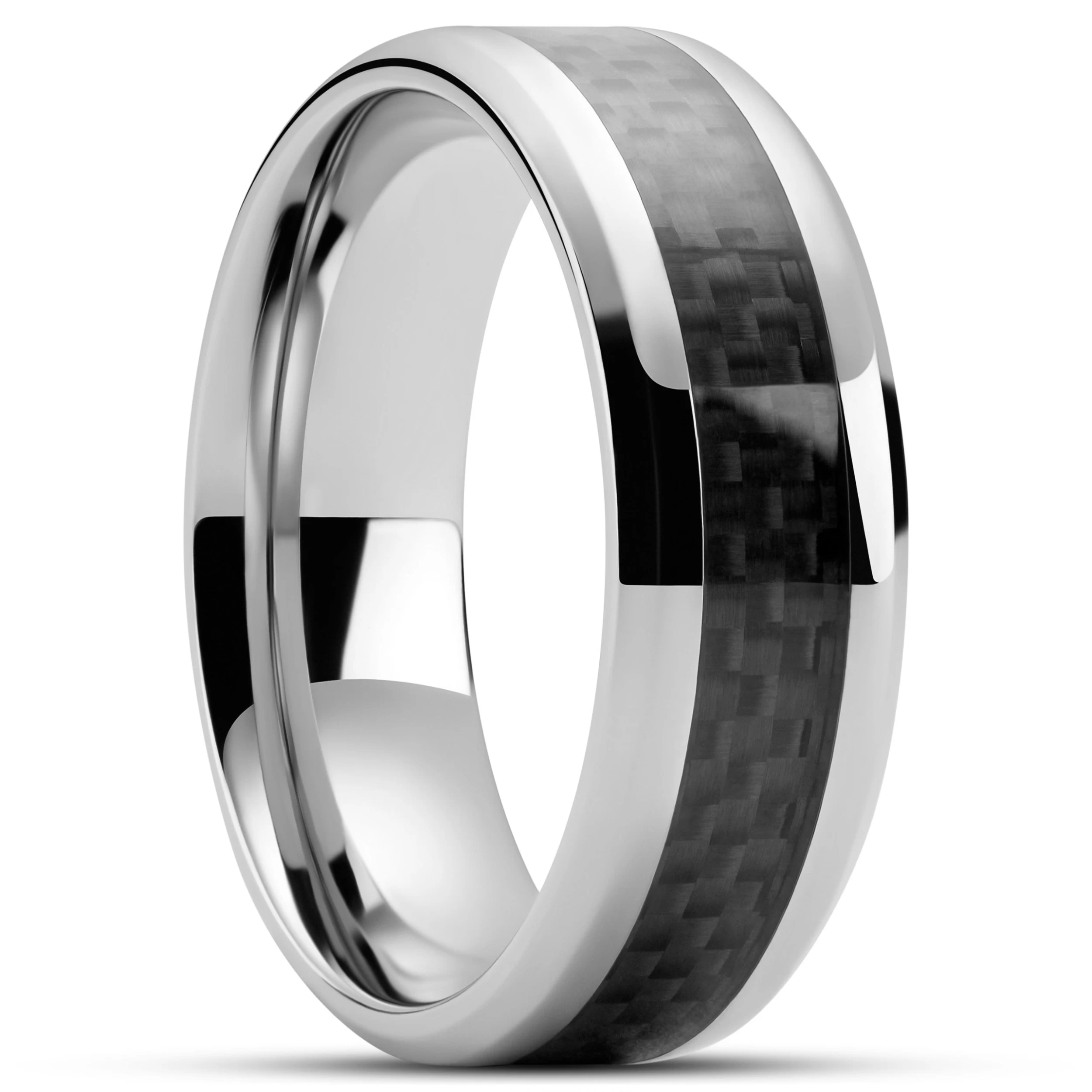 Hyperan | 1/3" (8 Mm) Silver-tone Titanium Ring With Carbon Fibre Inlay