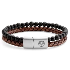 Icon | Black Lava Rock & Onyx & Brown Leather Cord Bracelet