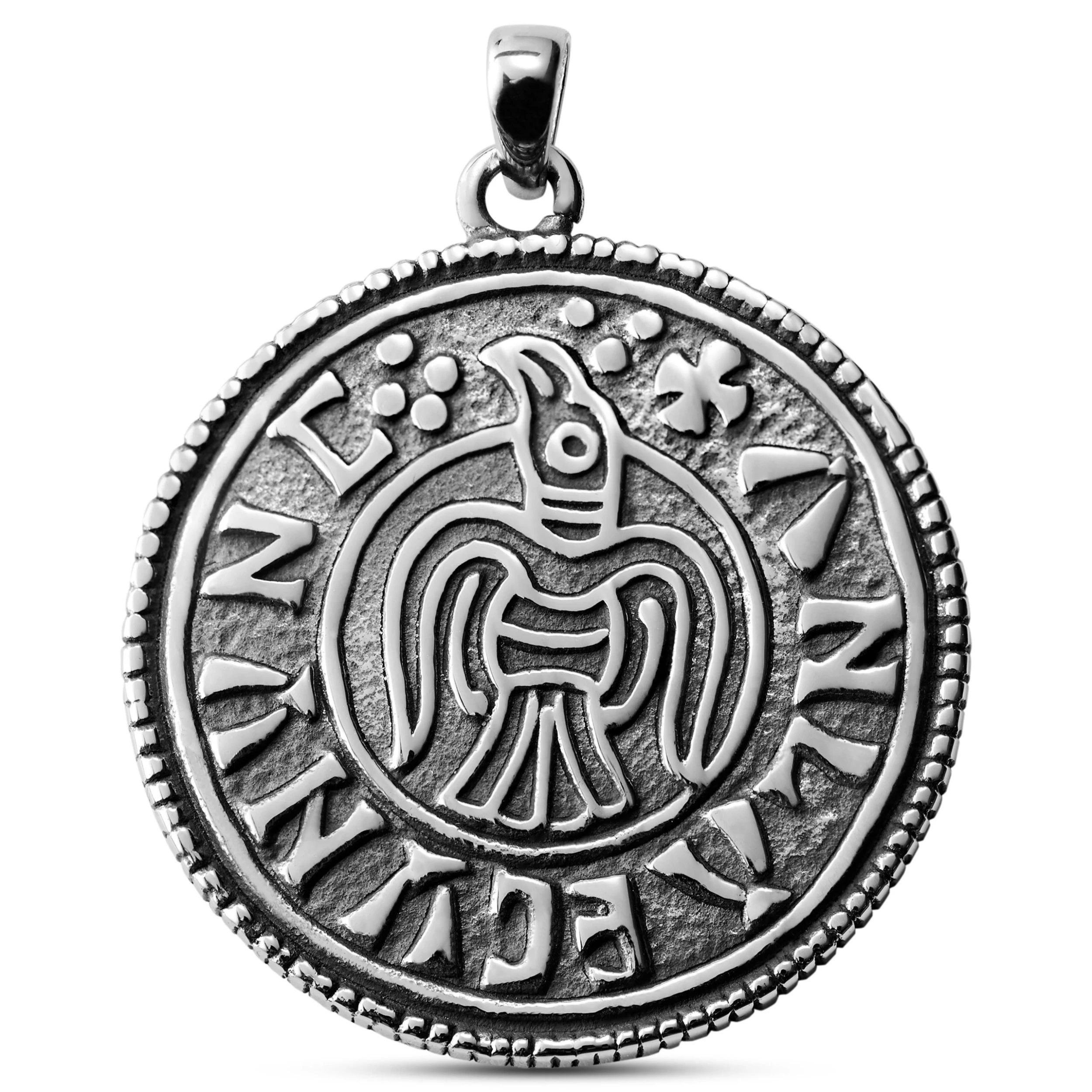 Silver-Tone Stainless Steel Viking Raven Coin Pendant