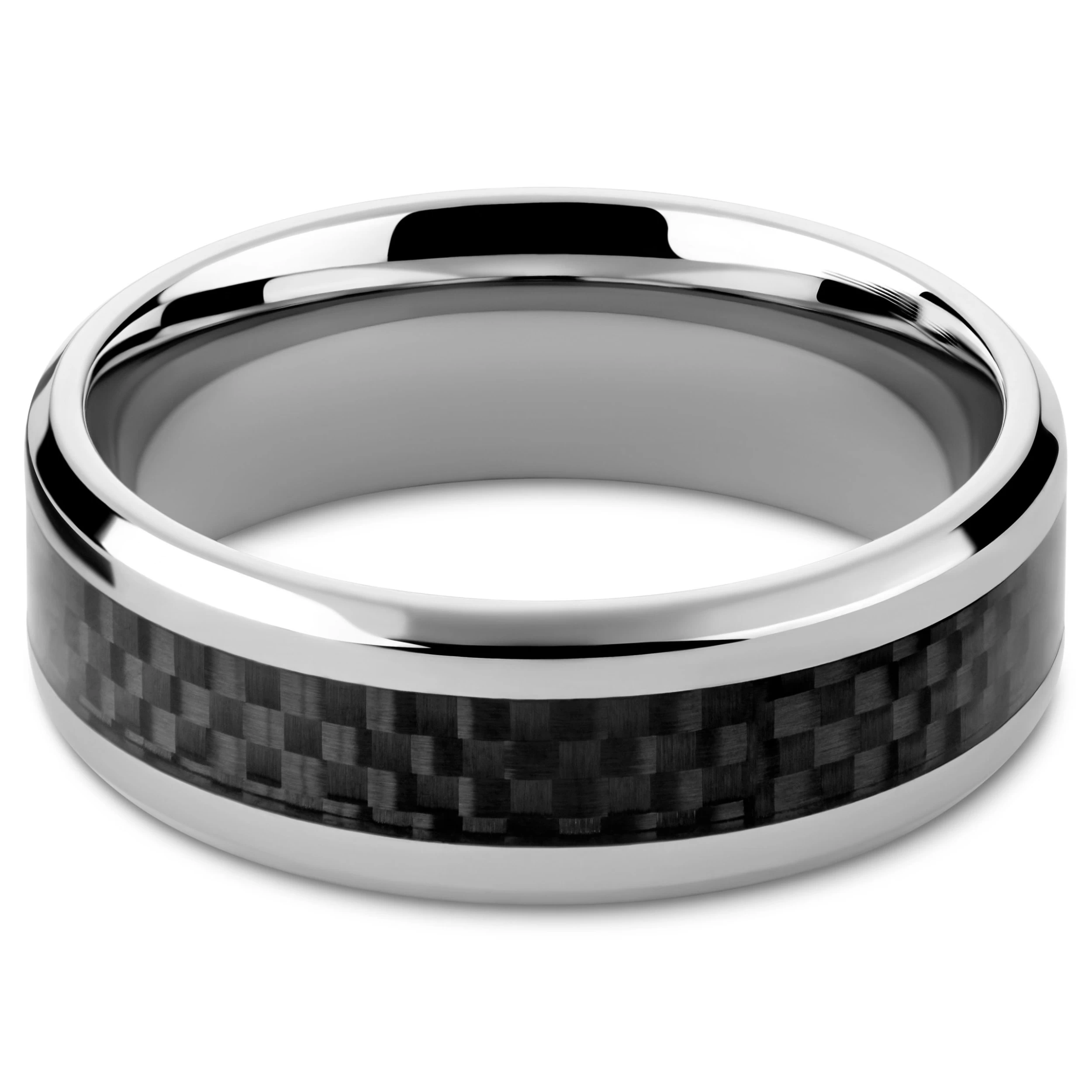 Hyperan | 1/3" (8 Mm) Silver-tone Titanium Ring With Carbon Fibre Inlay - Image 2