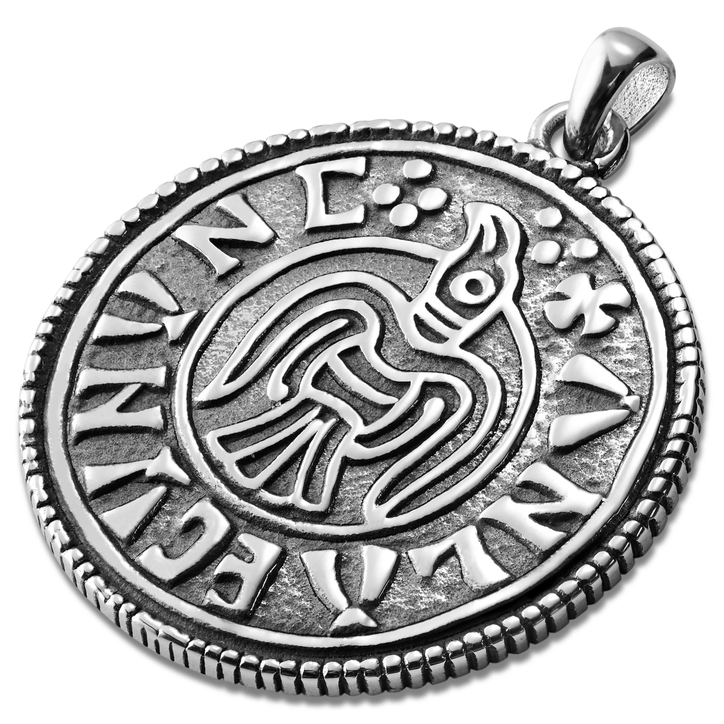 Silver-Tone Stainless Steel Viking Raven Coin Pendant - Image 2