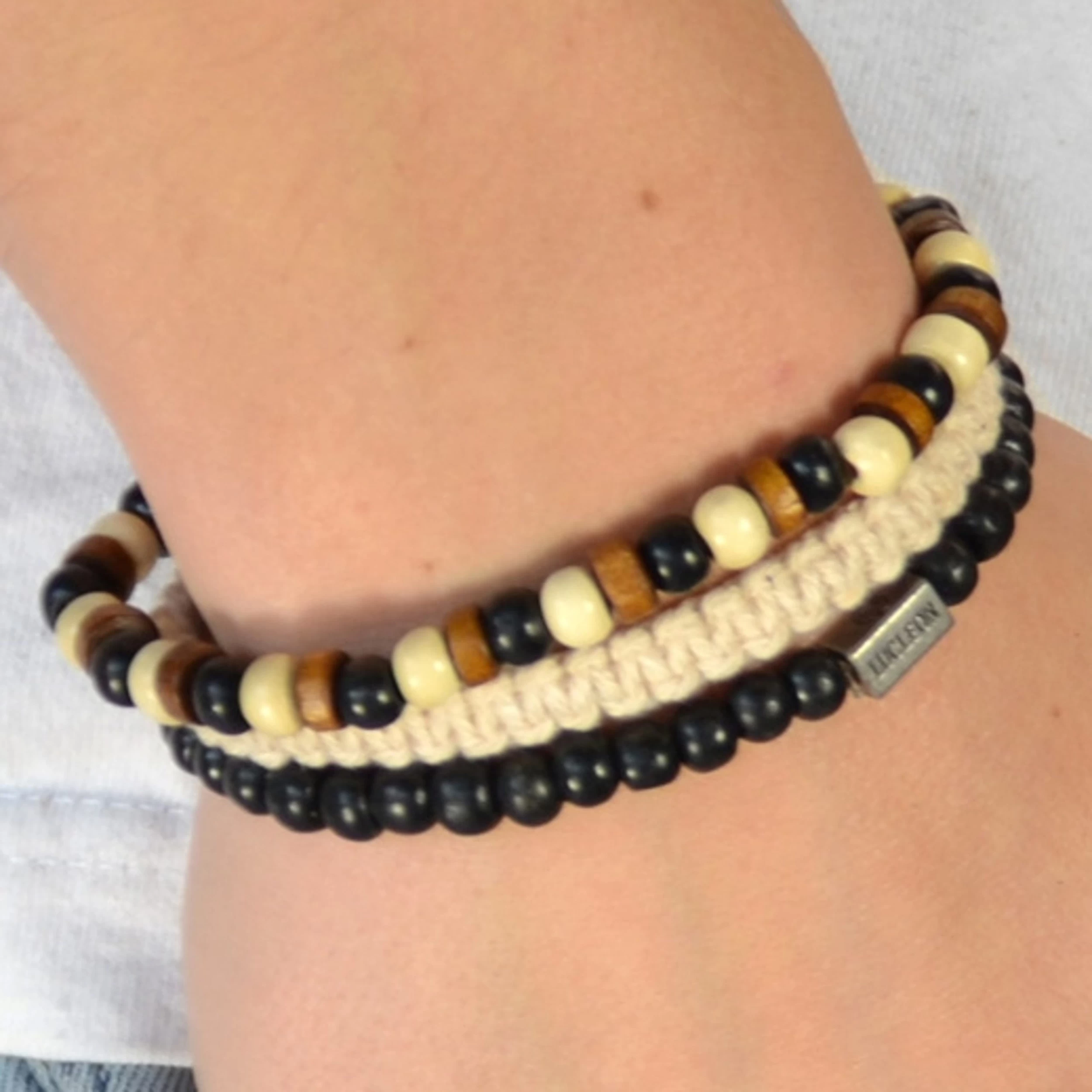 Black & Natural Wooden & Cotton Bracelet Set - Image 3