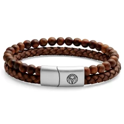 Icon | Natural Wood Bead & Vintage Brown Leather Bracelet