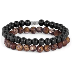 Brown Agate & Black Wooden Bracelet Set