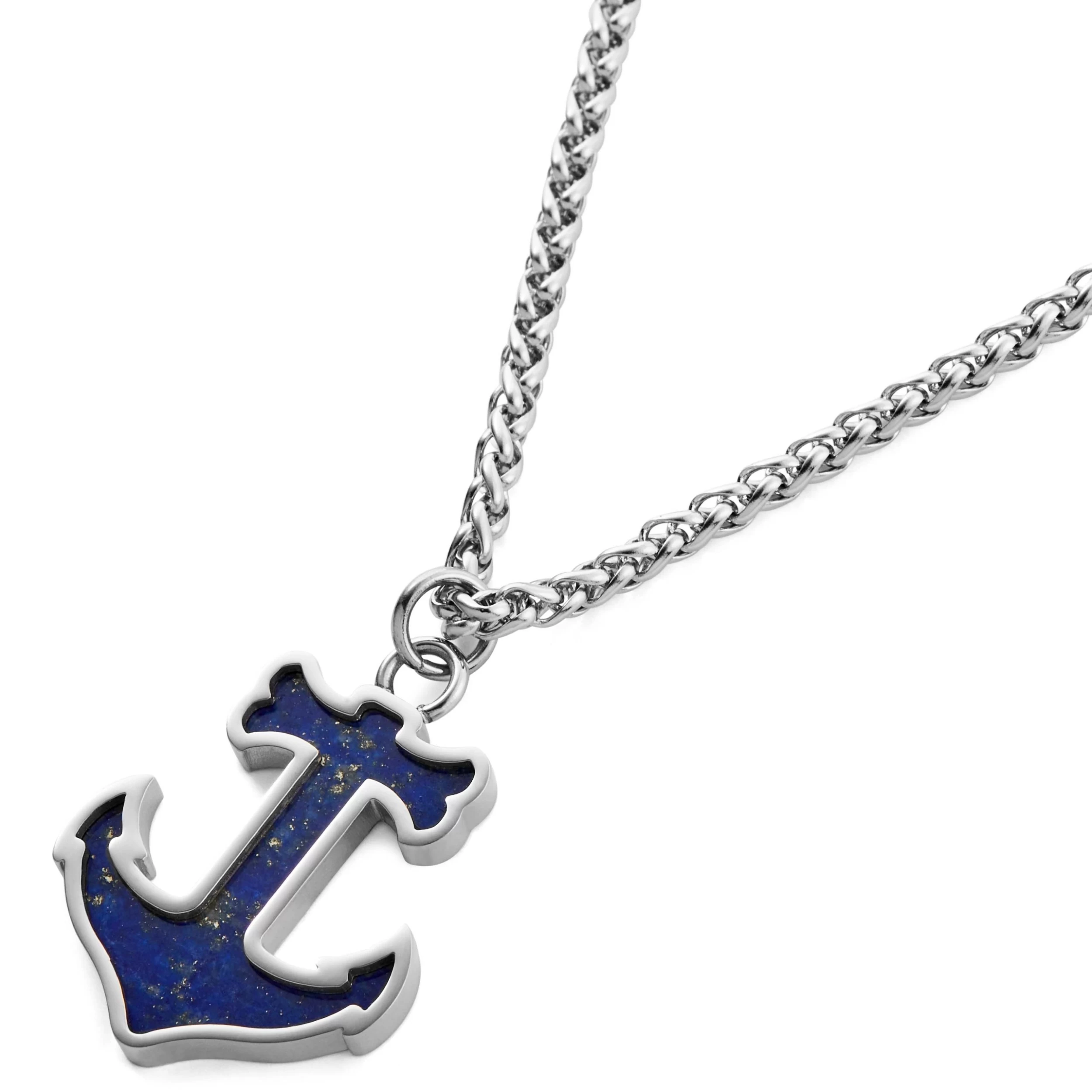 Silver-Tone Stainless Steel Anchor With Lapis Lazuli Inlay Wheat Chain Necklace - Image 2