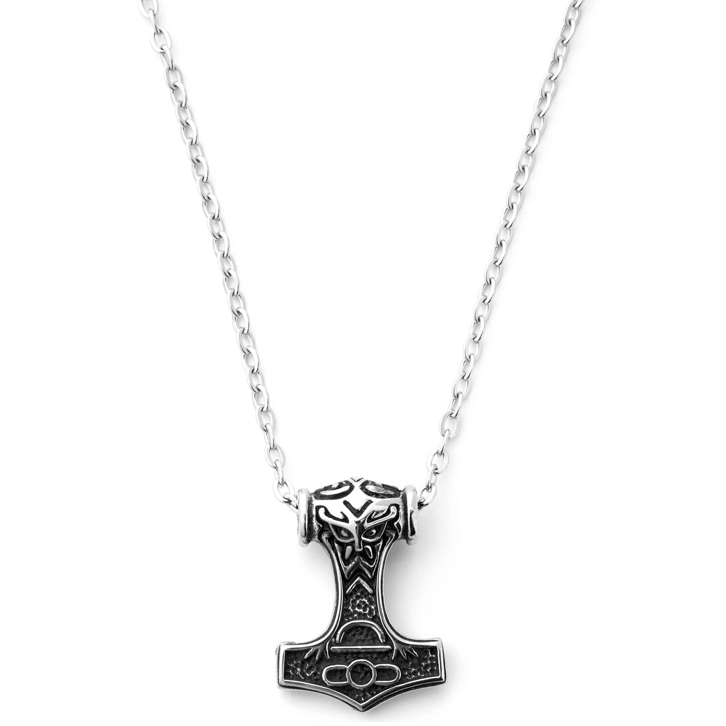 Silver-Tone & Black Stainless Steel Ornate Hammer Cable Chain Neckalce