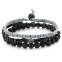 Black & Grey Lava Rock, Onyx, Coconut, And Surgical Steel Bracelet Set