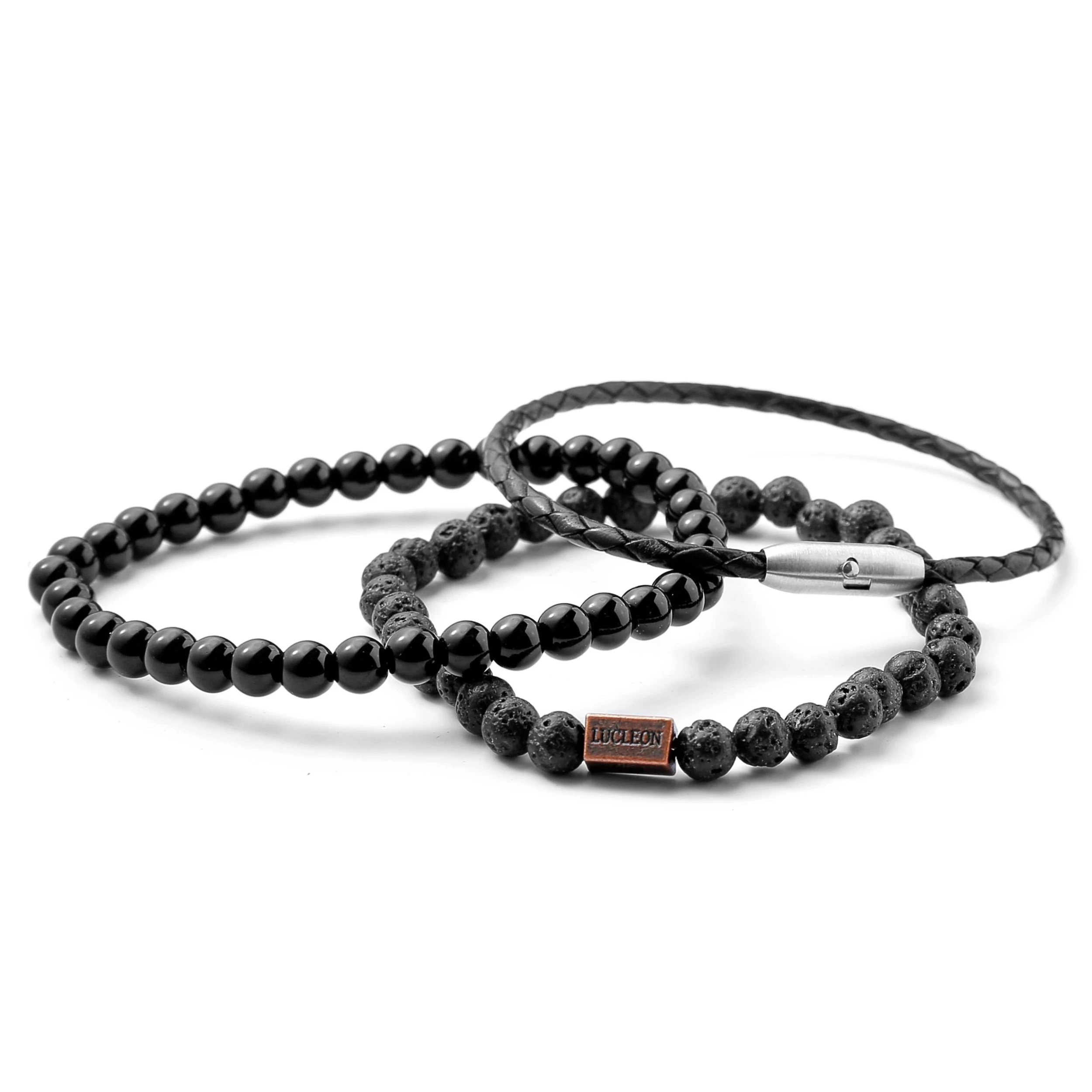 Black Lava Rock, Natural Stone & Leather Bracelet Set - Image 2
