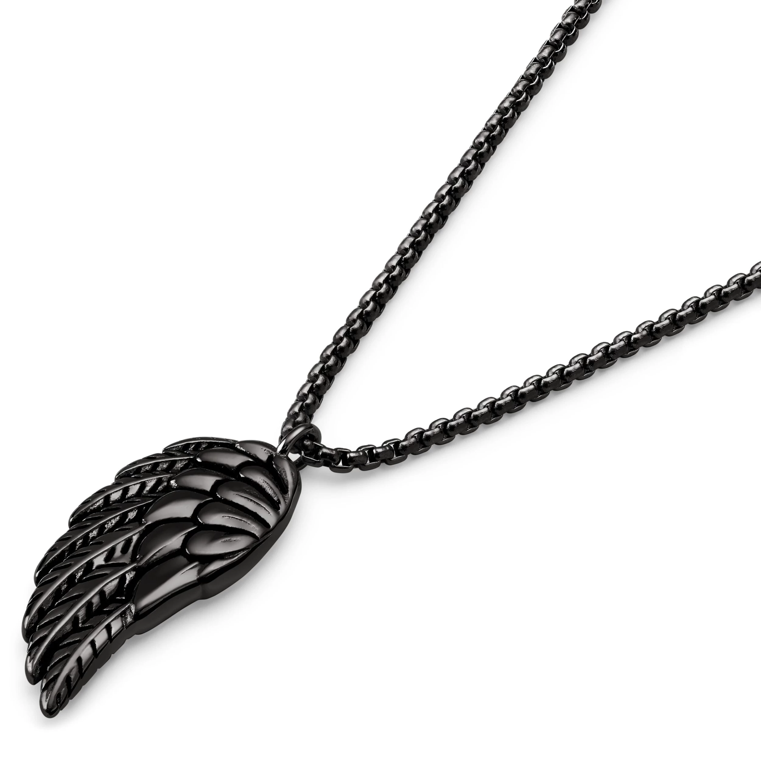 Egan | Gunmetal Black Stainless Steel Feather Wing Box Chain Necklace - Image 2