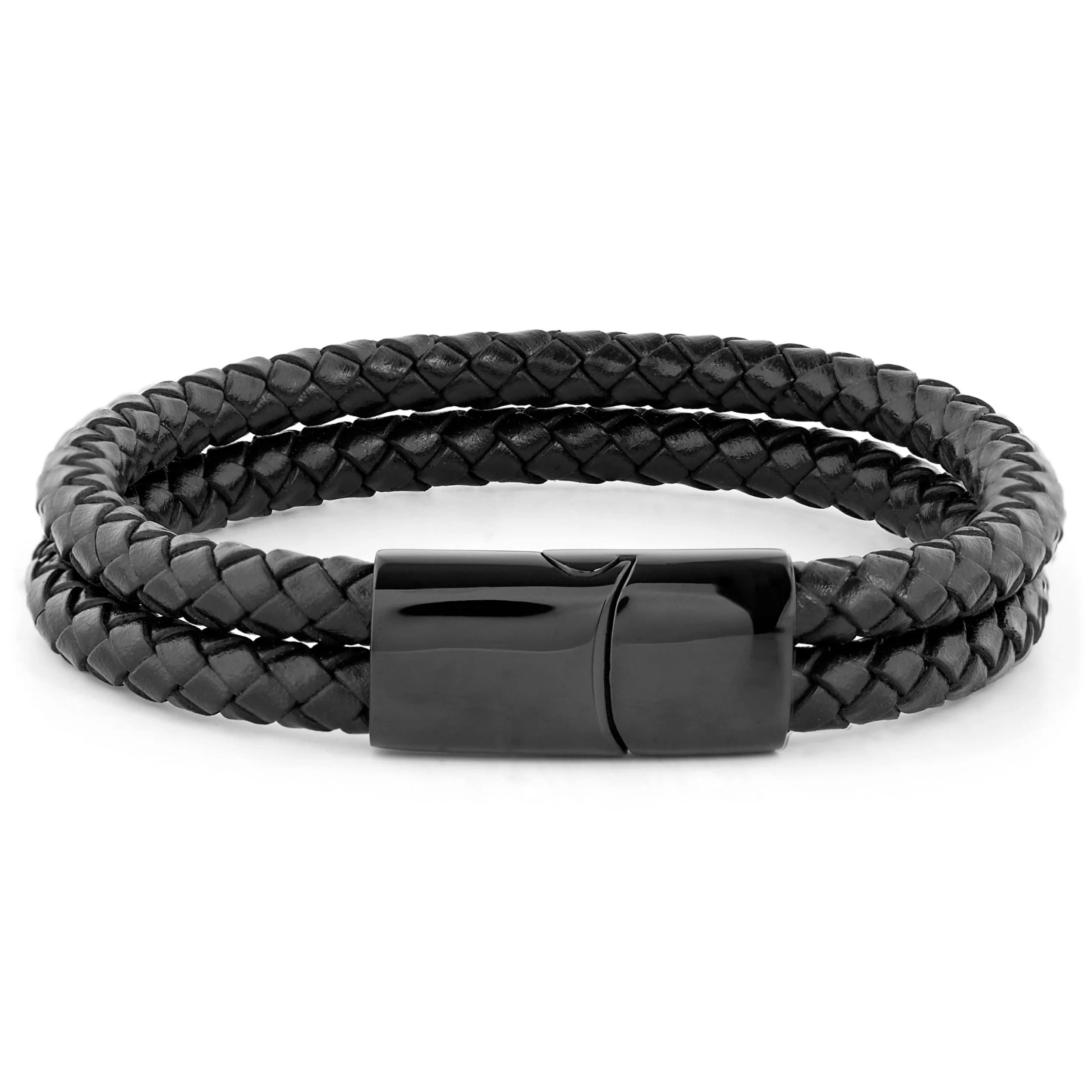 Black Braided Leather Rope Double Bracelet - Image 2