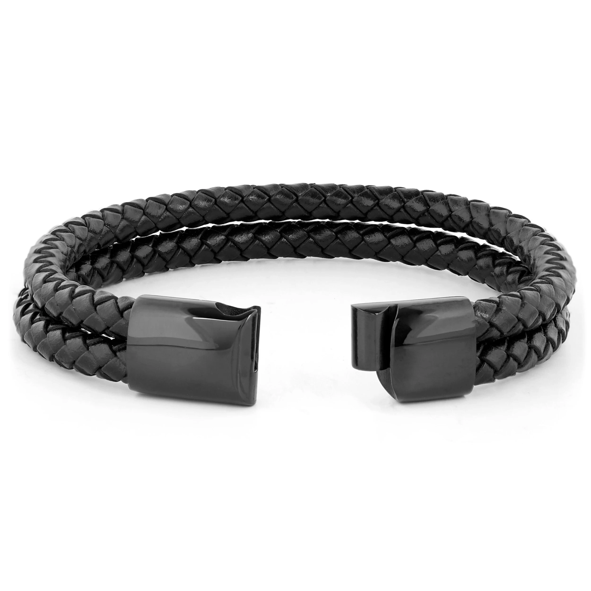 Black Braided Leather Rope Double Bracelet - Image 3