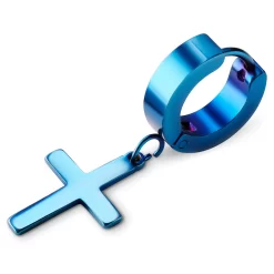Blue Stainless Steel Cross Hoop Earring