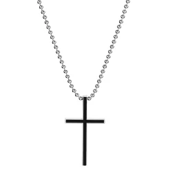 Silver-Tone Stainless Steel With Black Thin Cross Ball Chain Necklace