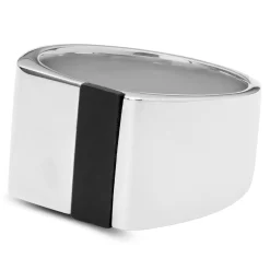 Silver-Tone Stainless Steel With Slim Rectangular Black Onyx Ring