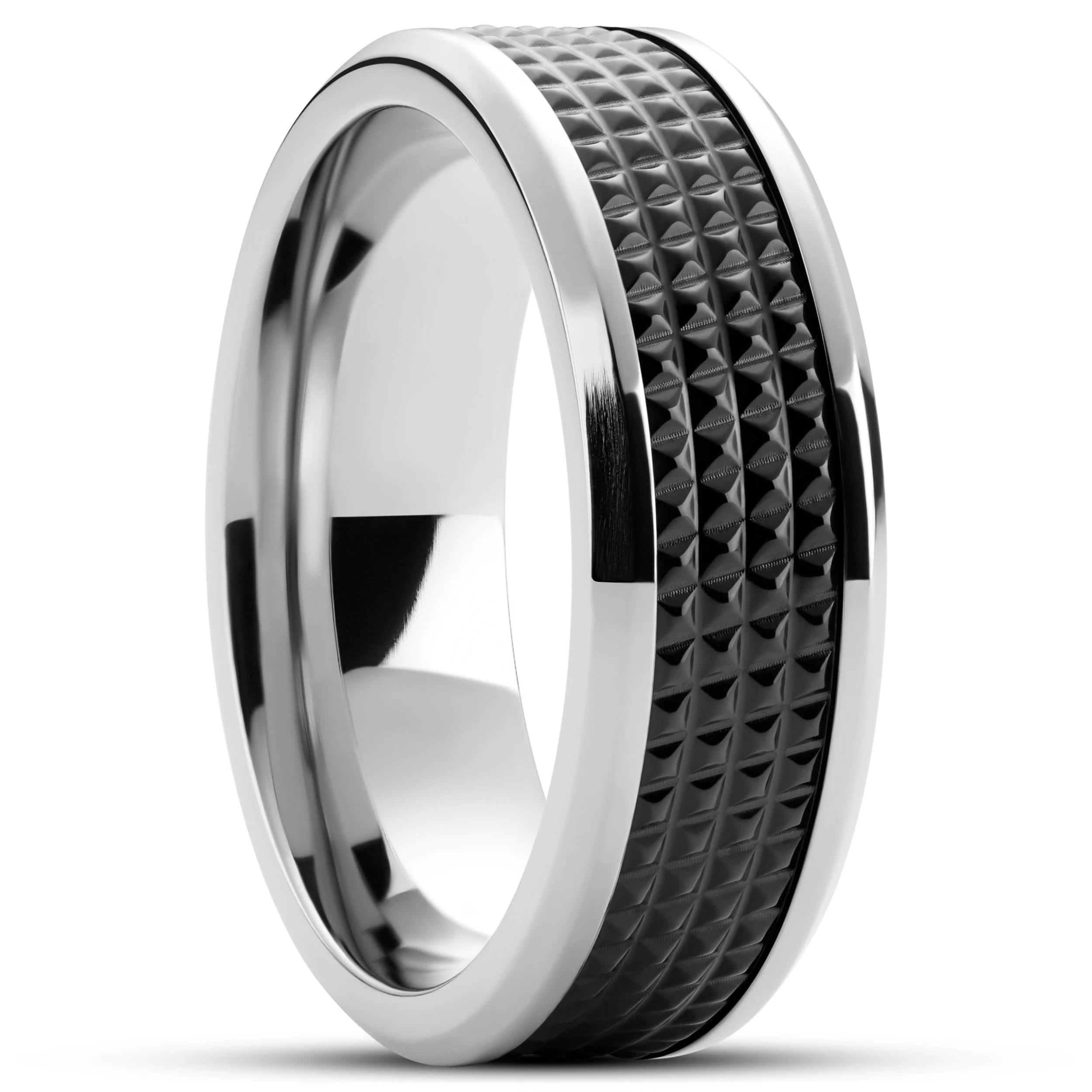 Hyperan | 1/3" (8 Mm) Silver-tone Titanium Ring With Black Diamond Pattern