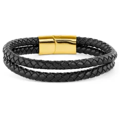 Black & Gold-Tone Braided Leather Rope Double Bracelet