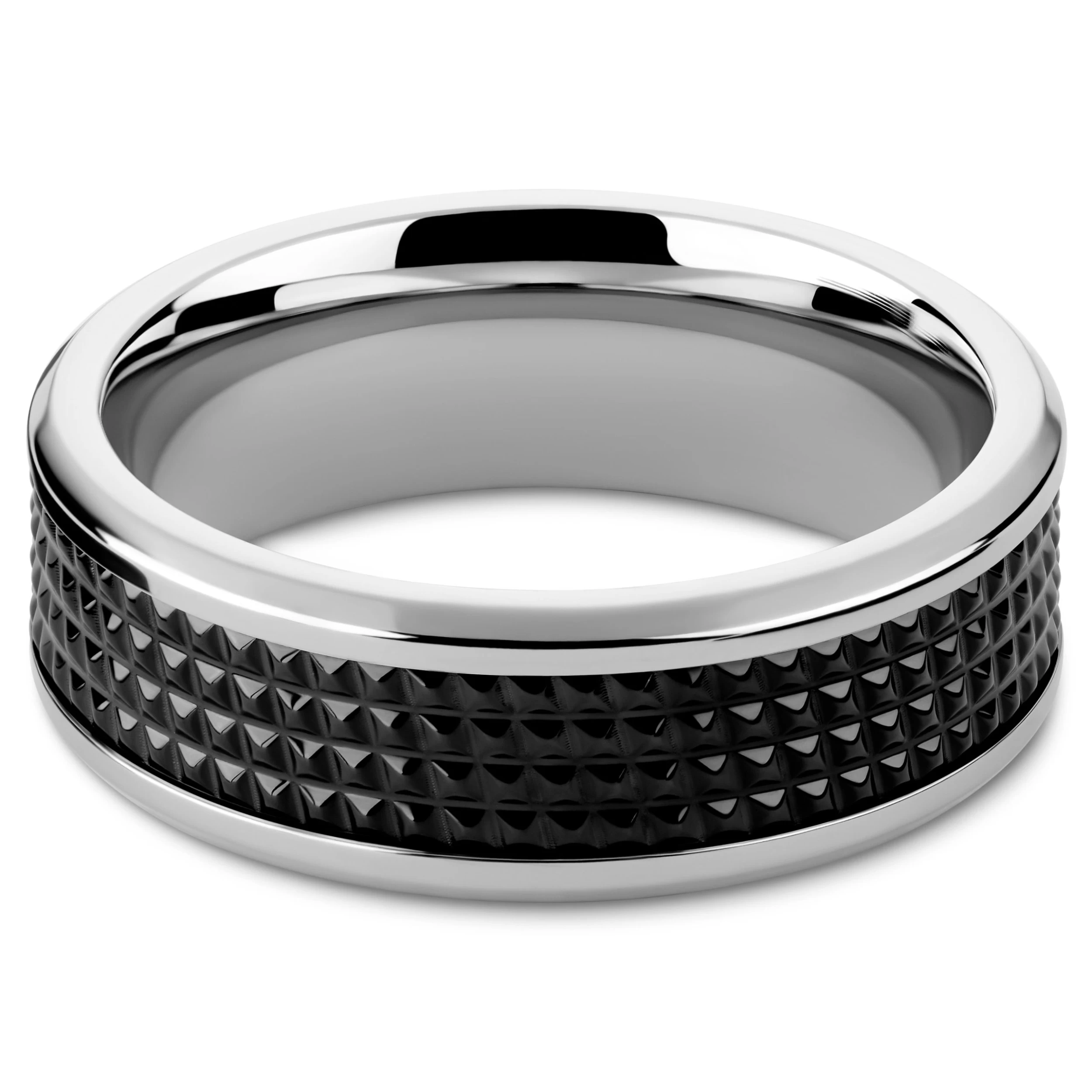 Hyperan | 1/3" (8 Mm) Silver-tone Titanium Ring With Black Diamond Pattern - Image 2