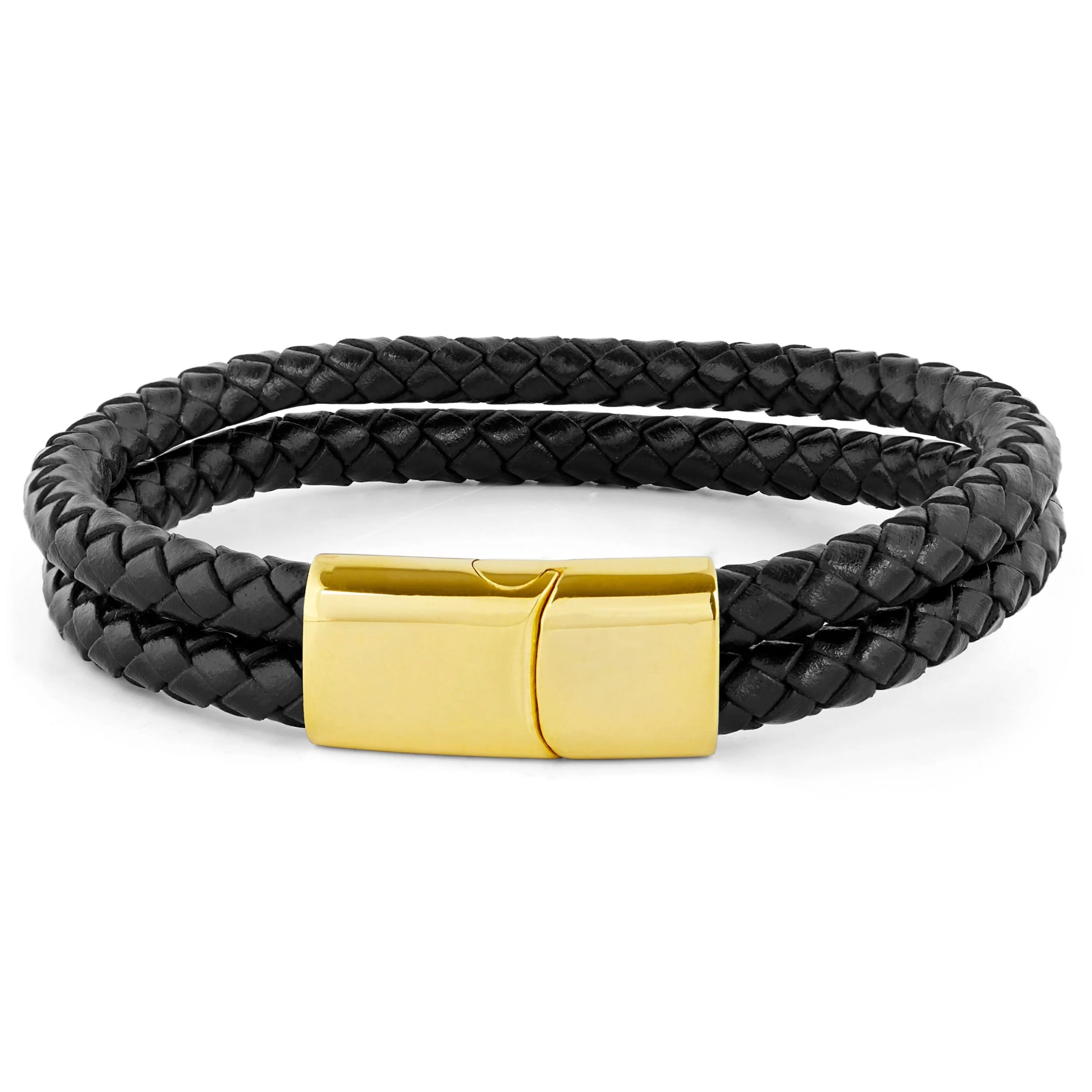 Black & Gold-Tone Braided Leather Rope Double Bracelet - Image 2