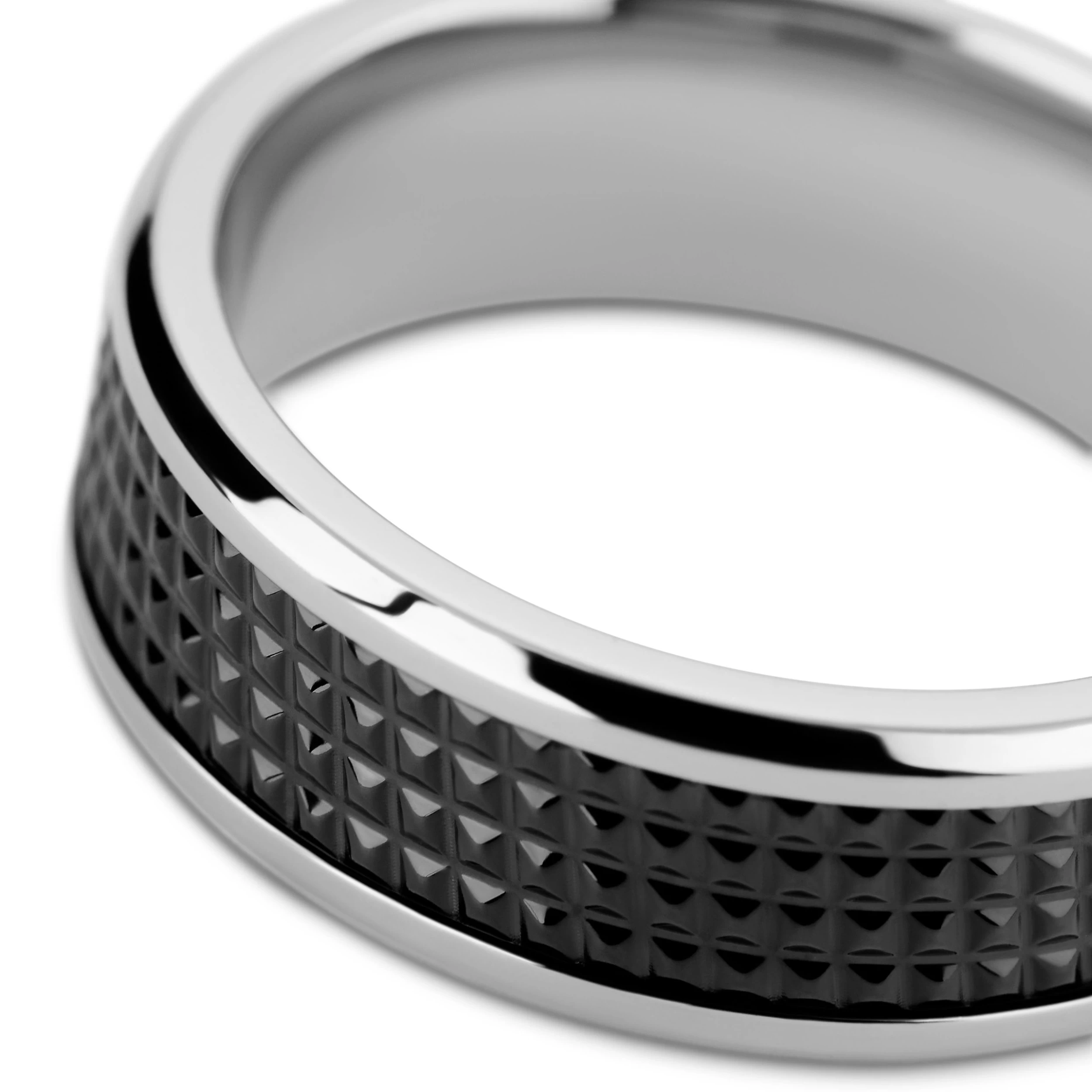 Hyperan | 1/3" (8 Mm) Silver-tone Titanium Ring With Black Diamond Pattern - Image 3