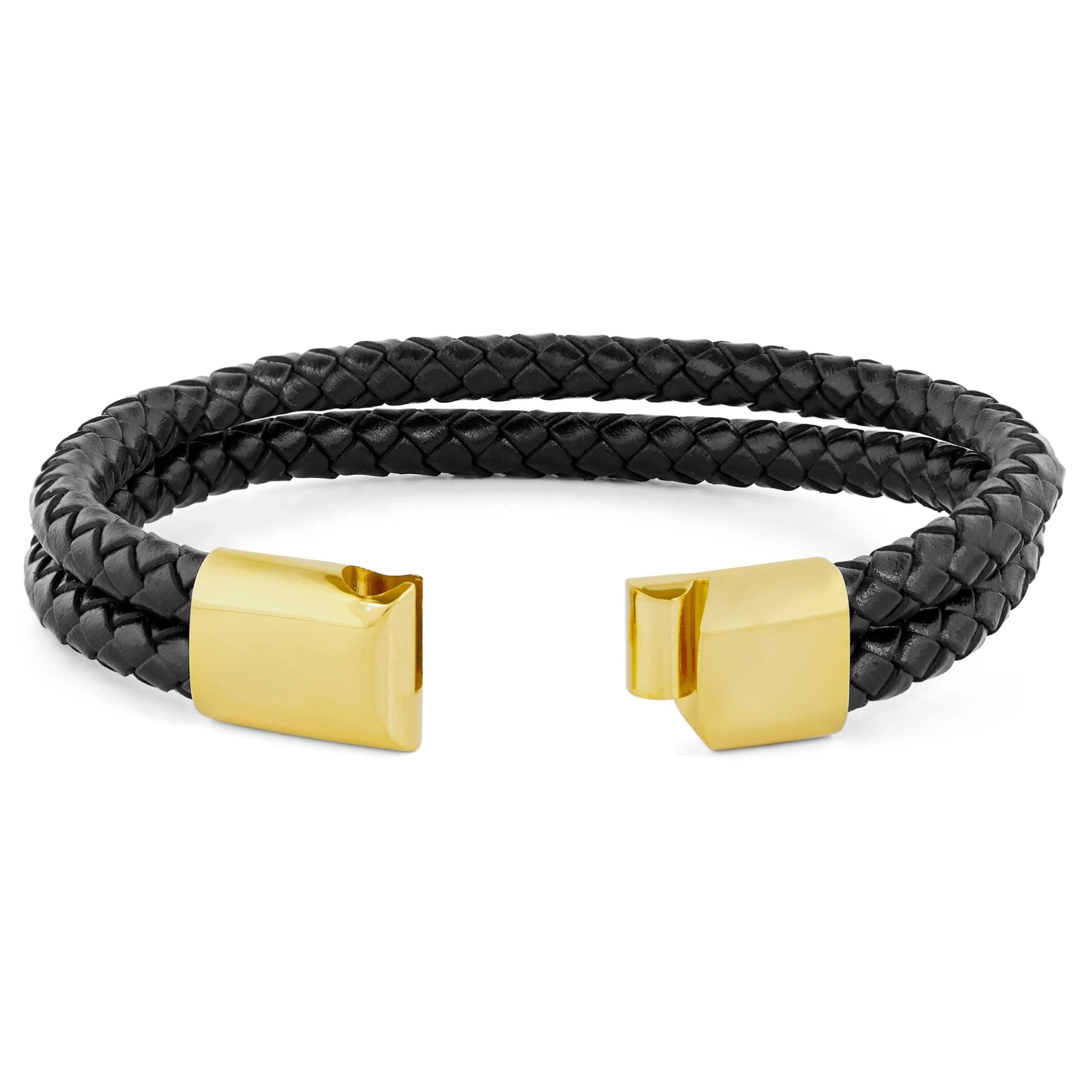 Black & Gold-Tone Braided Leather Rope Double Bracelet - Image 3
