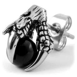 Silver-Tone Stainless Steel & Black Onyx Claw Stud Earring