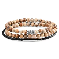 Picture Jasper & Black Leather Bracelet Set