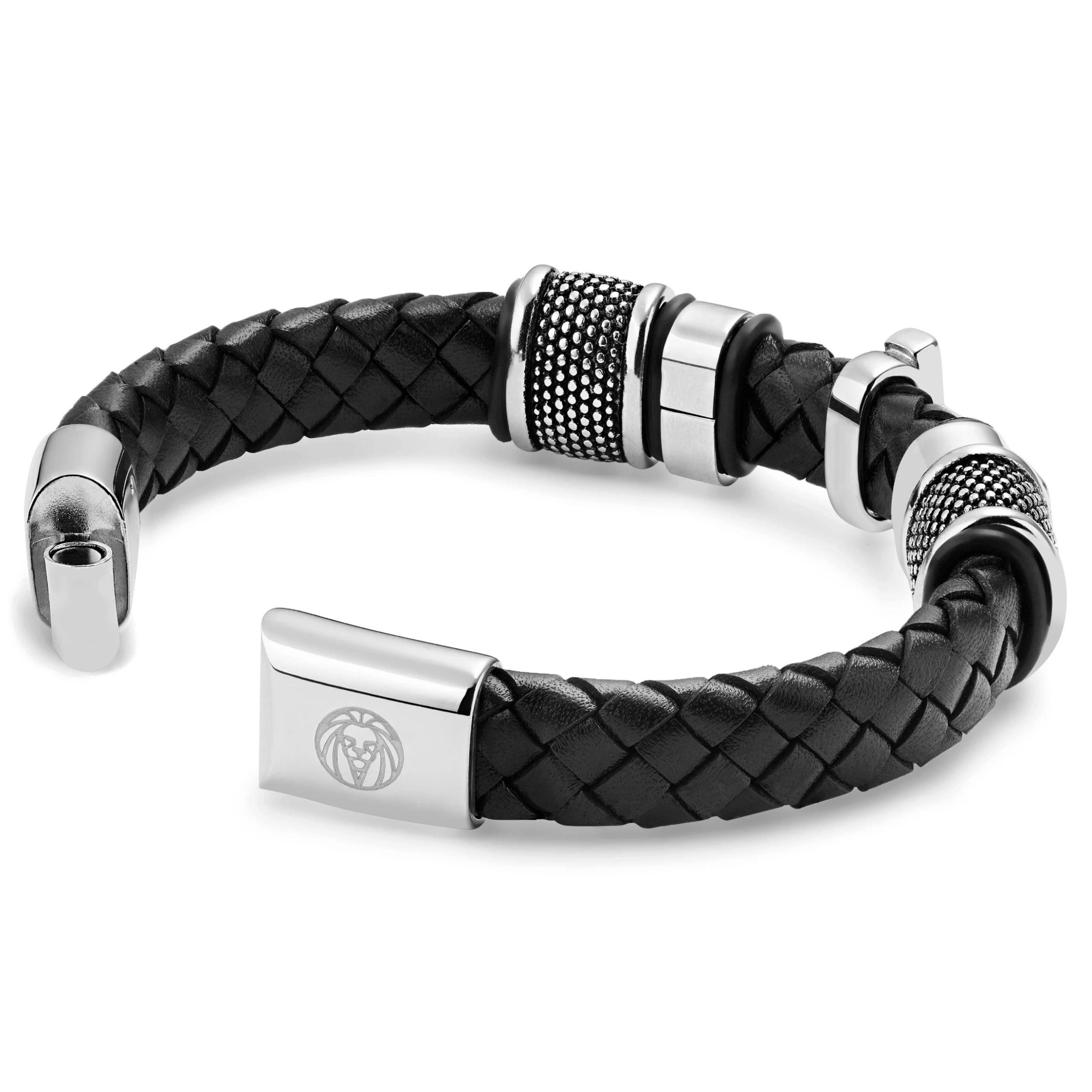 Black Braided Silver-Tone Stainless Steel Cross Bracelet - Image 2
