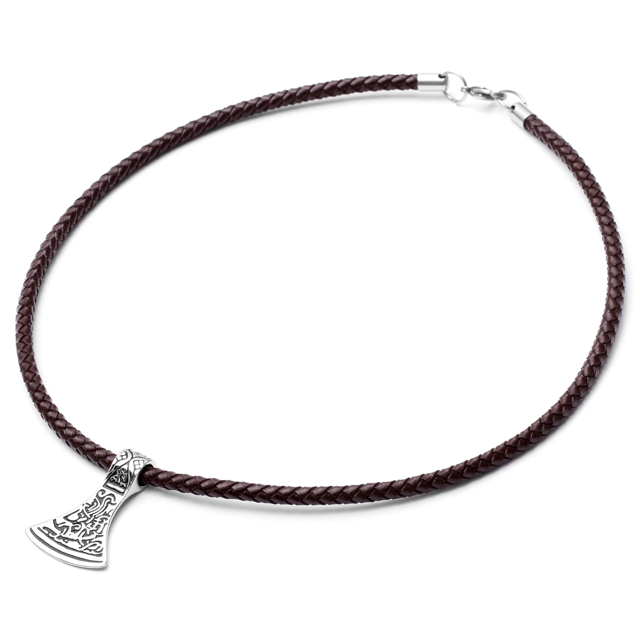 Brown Leather With Silver-Tone Stainless Steel Norse Axe Necklace - Image 4