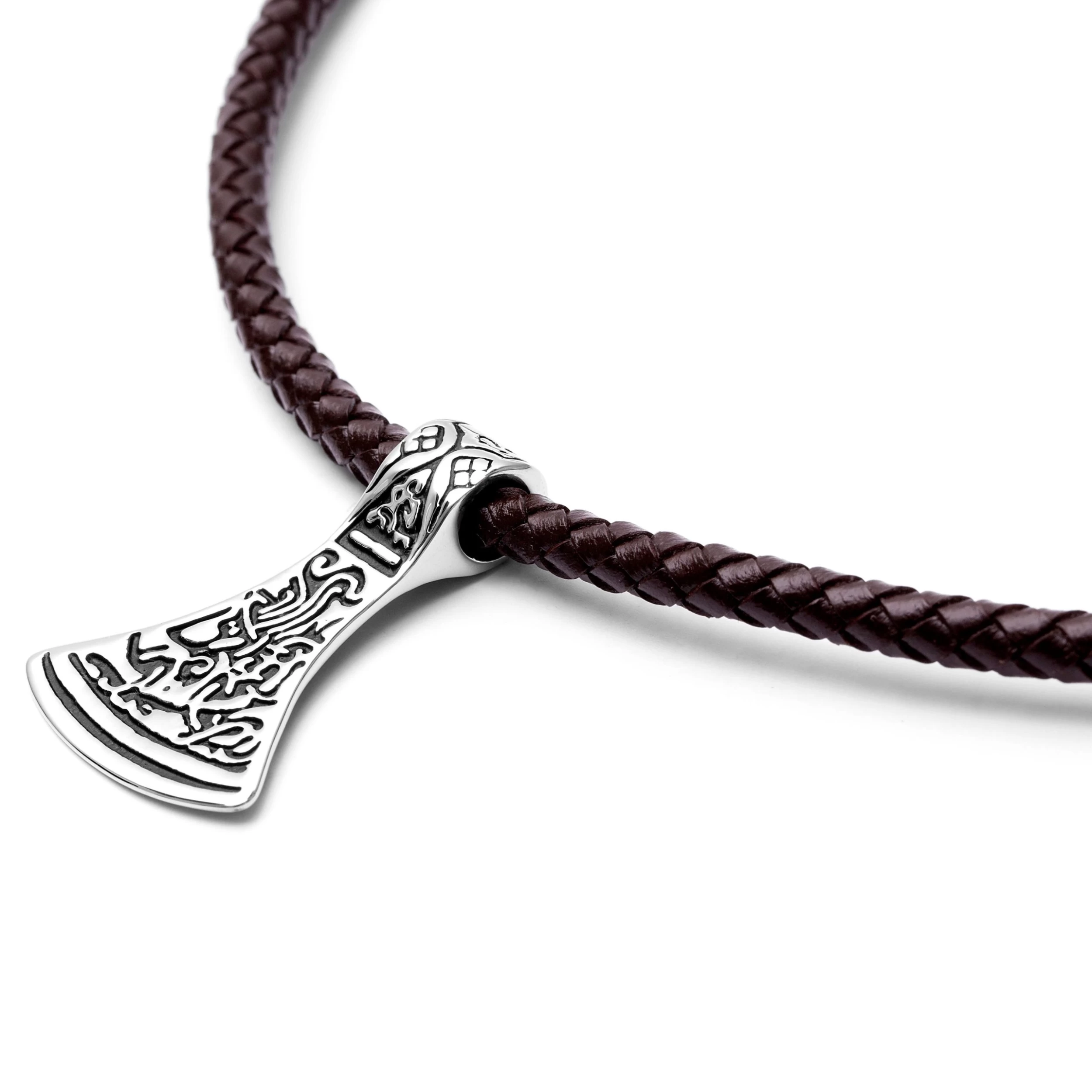 Brown Leather With Silver-Tone Stainless Steel Norse Axe Necklace - Image 2
