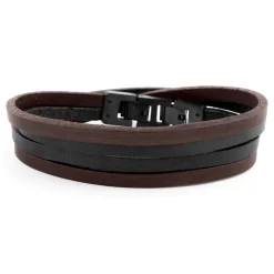 Roy | Black & Dark Leather & Stainless Steel Double Strap Bracelet