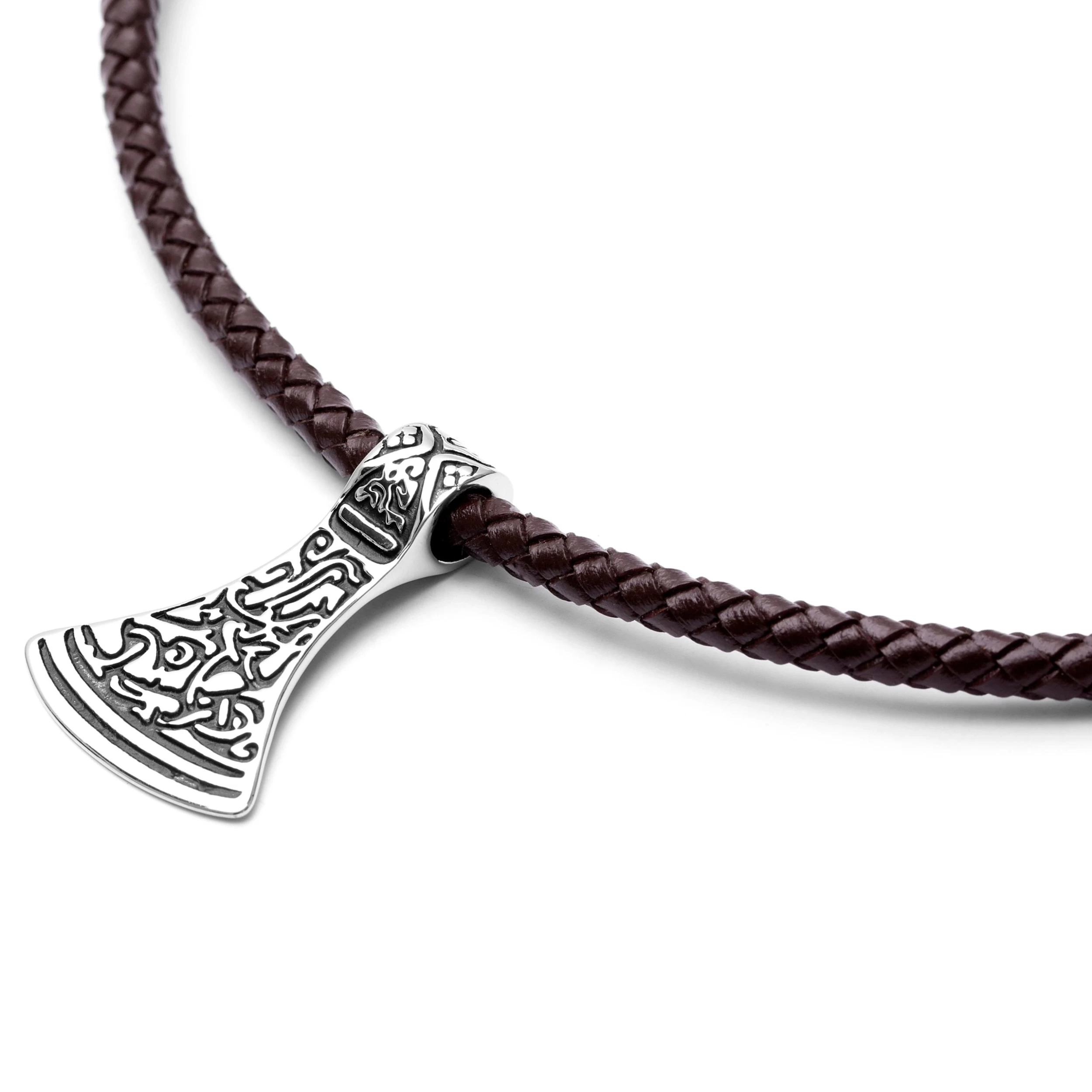 Brown Leather With Silver-Tone Stainless Steel Norse Axe Necklace - Image 3