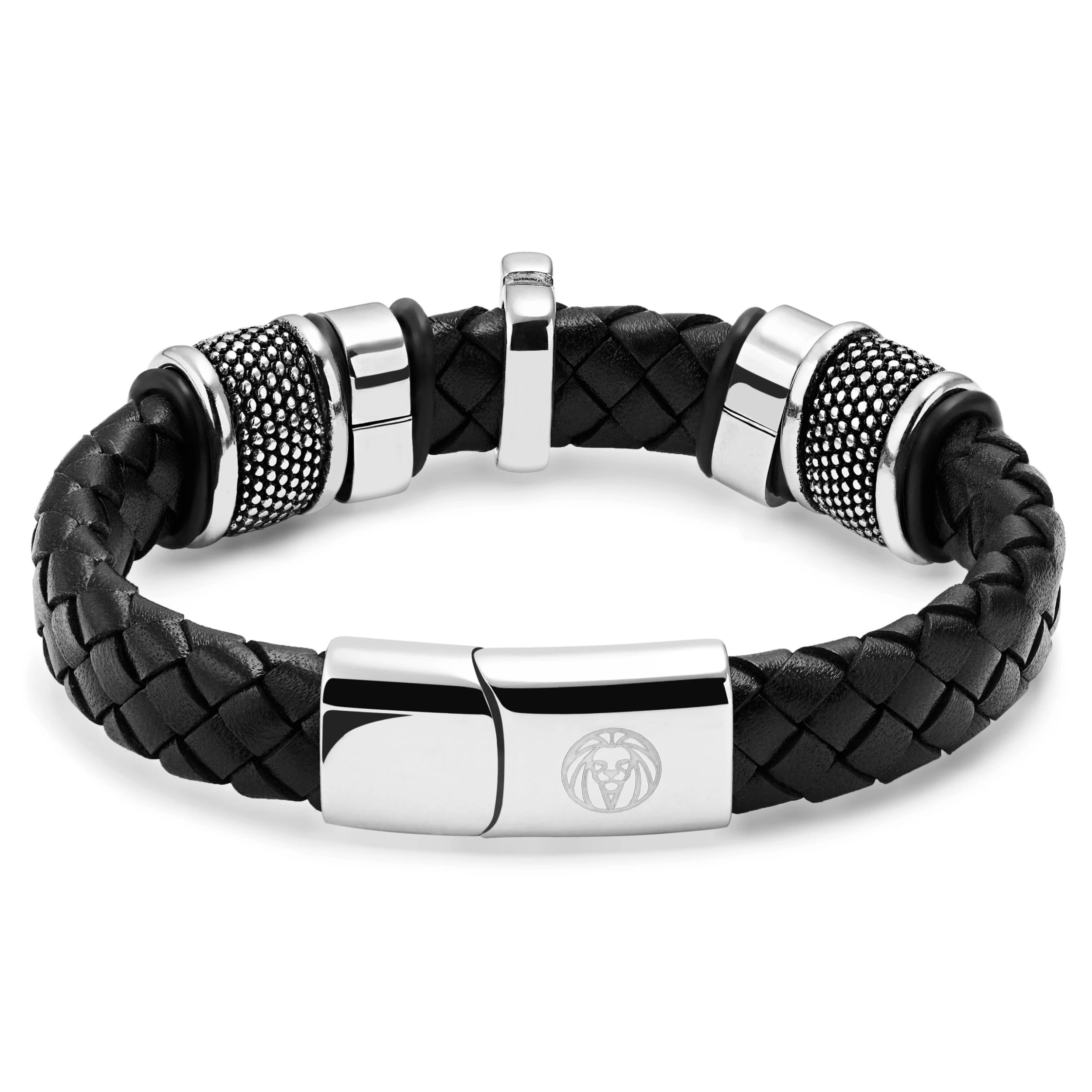 Black Braided Silver-Tone Stainless Steel Cross Bracelet - Image 3
