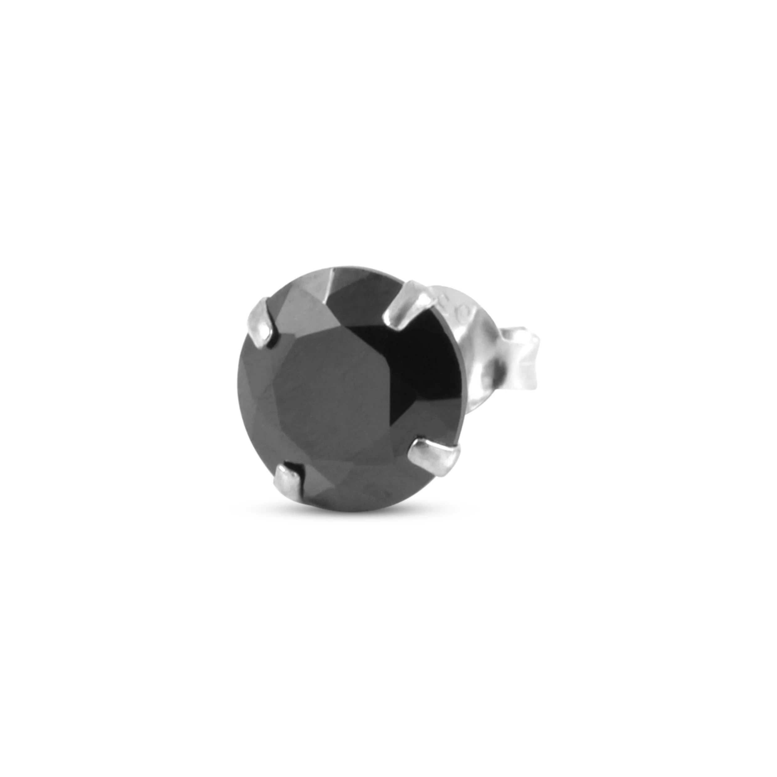 8 Mm Black Round Zirconia & 925 Sterling Silver Stud Earring