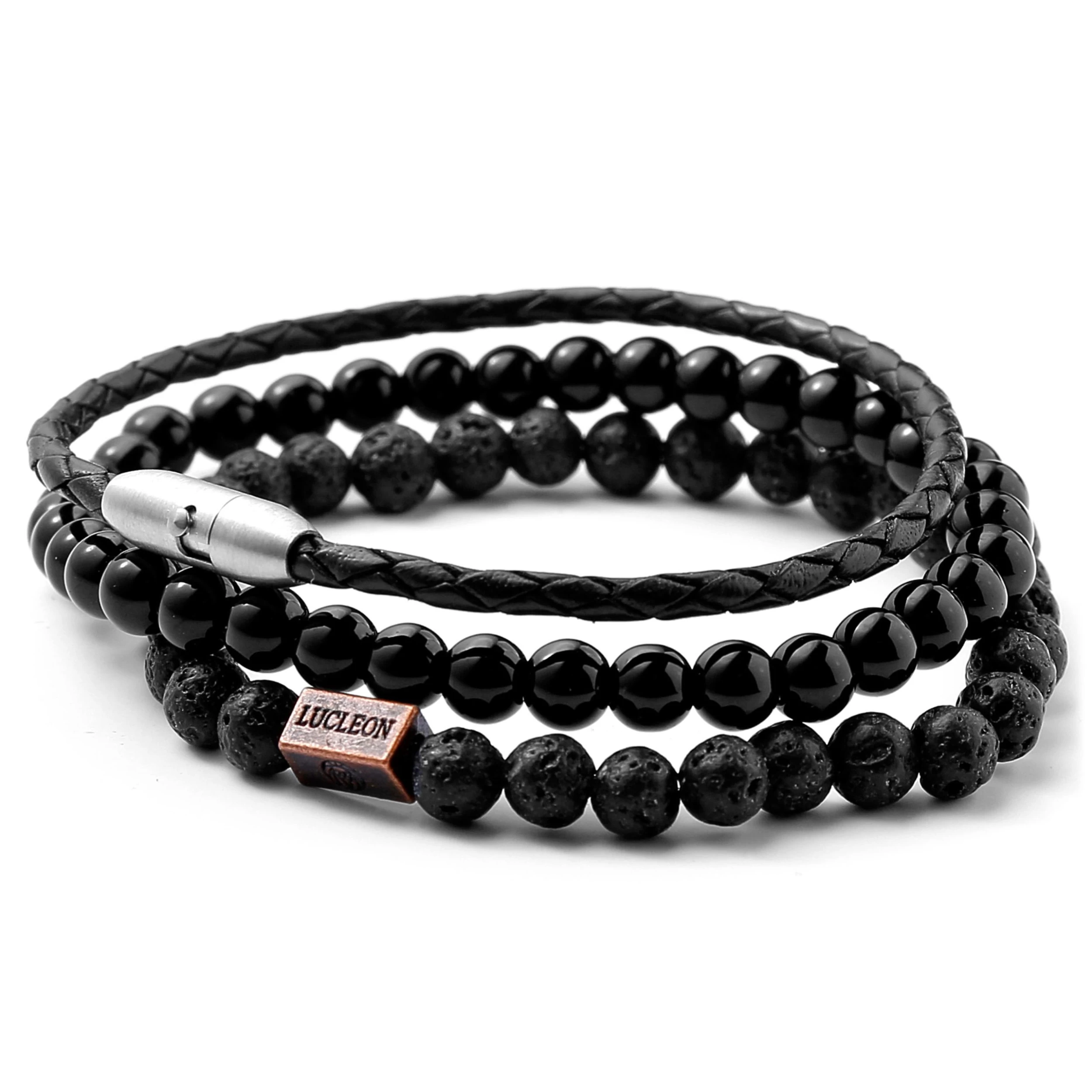 Black Lava Rock, Natural Stone & Leather Bracelet Set