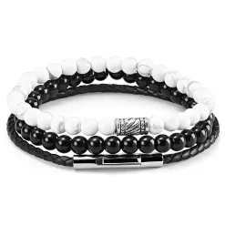 Black & White Agate & Leather Cord Bracelet Set