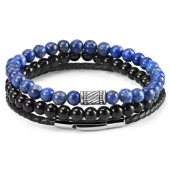 Blue & Black Natural Stone & Leather Bracelet Set