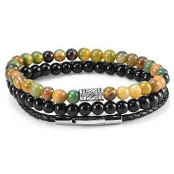 Black & Striped Agate & Leather Bracelet Set