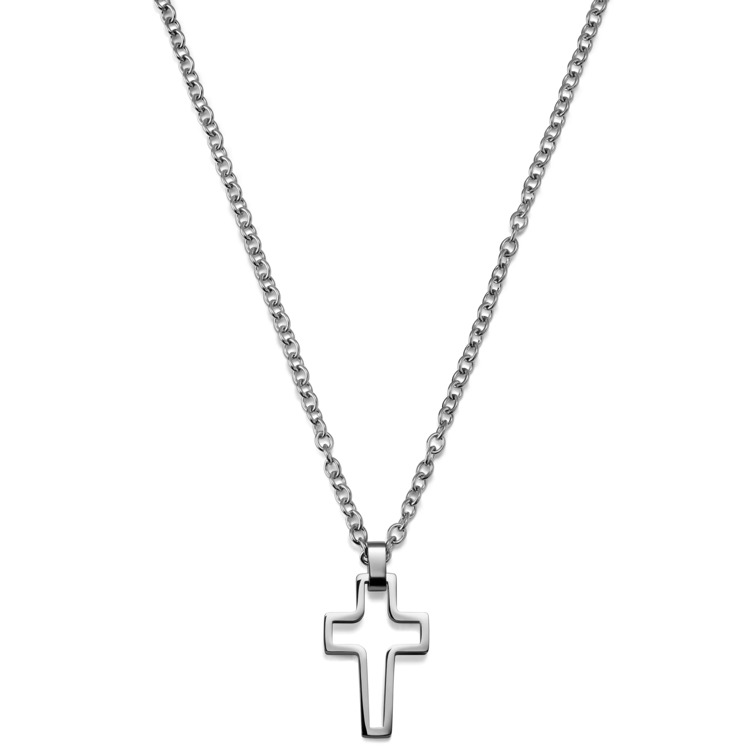 Silver-Tone Stainless Steel Hollow Cross Cable Chain Necklace - Image 3