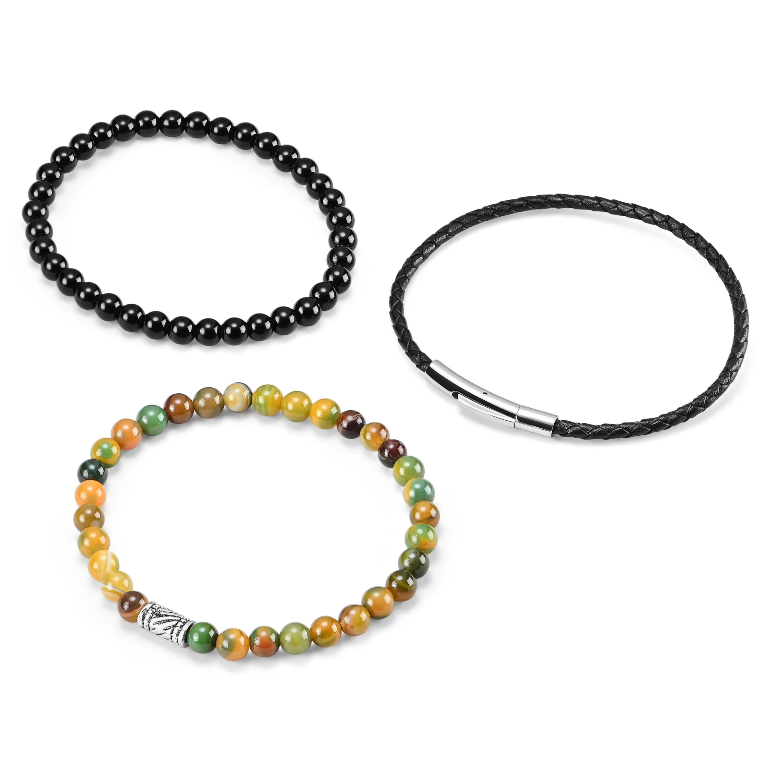 Black & Striped Agate & Leather Bracelet Set - Image 2