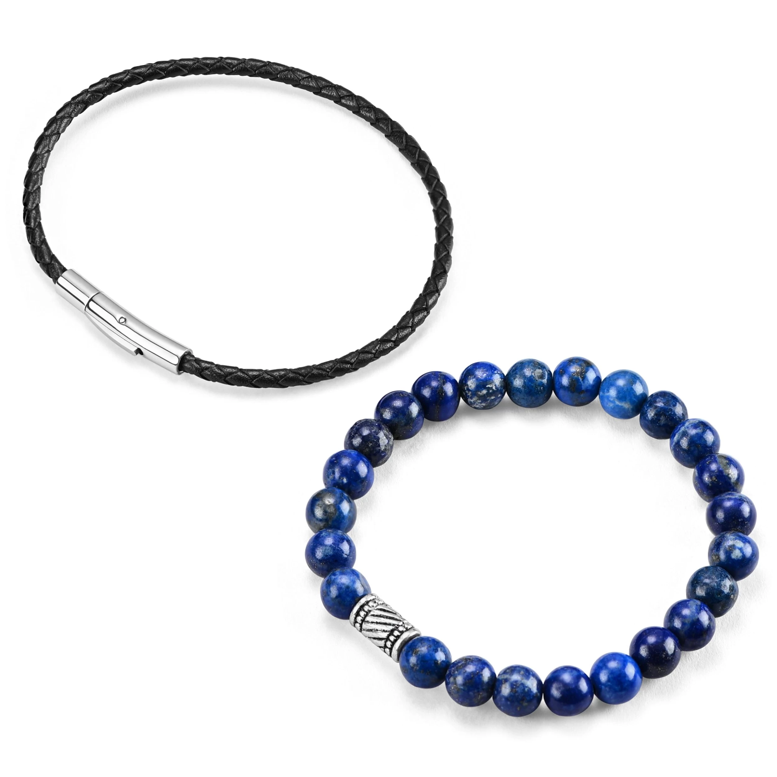 Blue Marble & Braided Leather Band Bracelet Set - Image 2