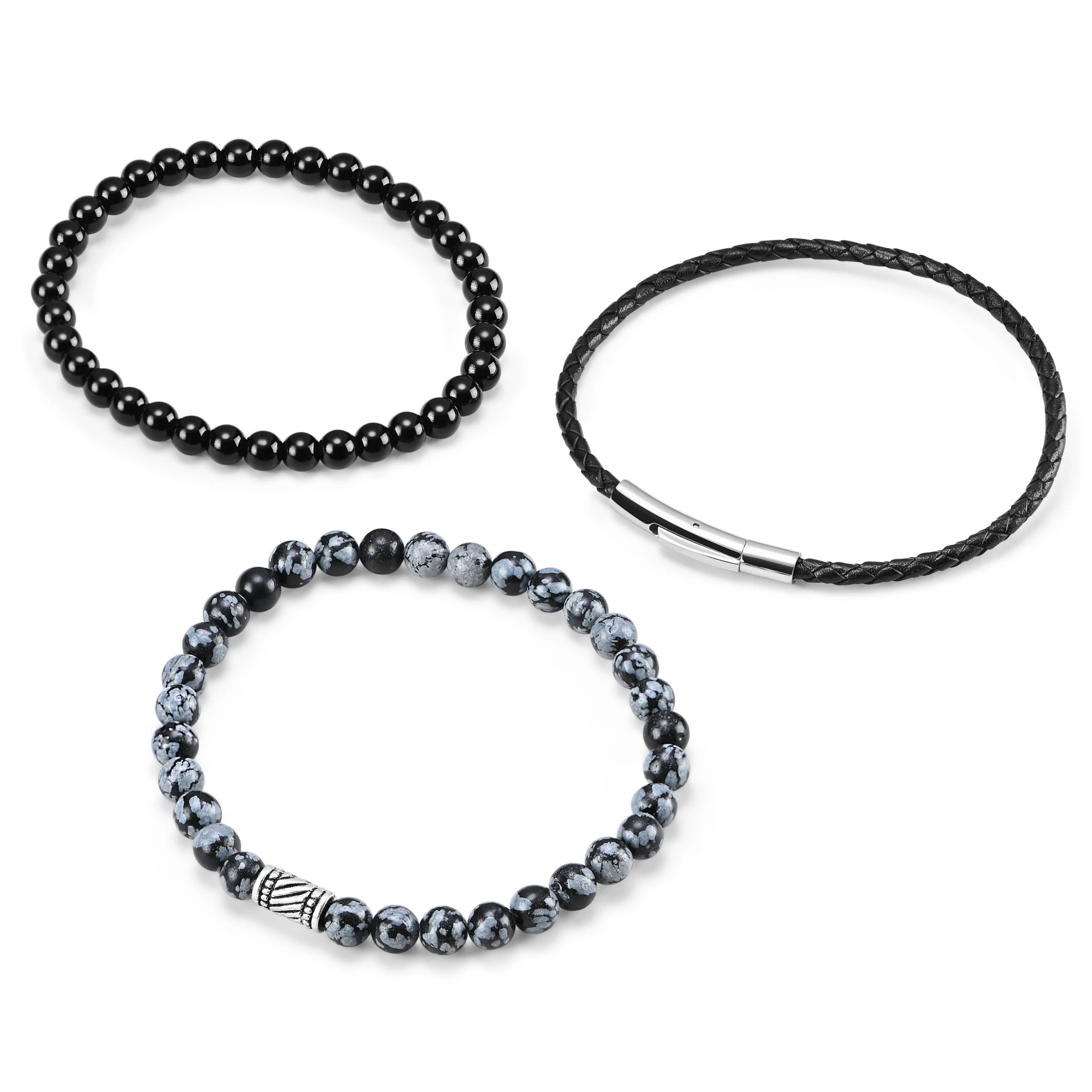 Black & Natural Agate & Leather Bracelet Set - Image 2