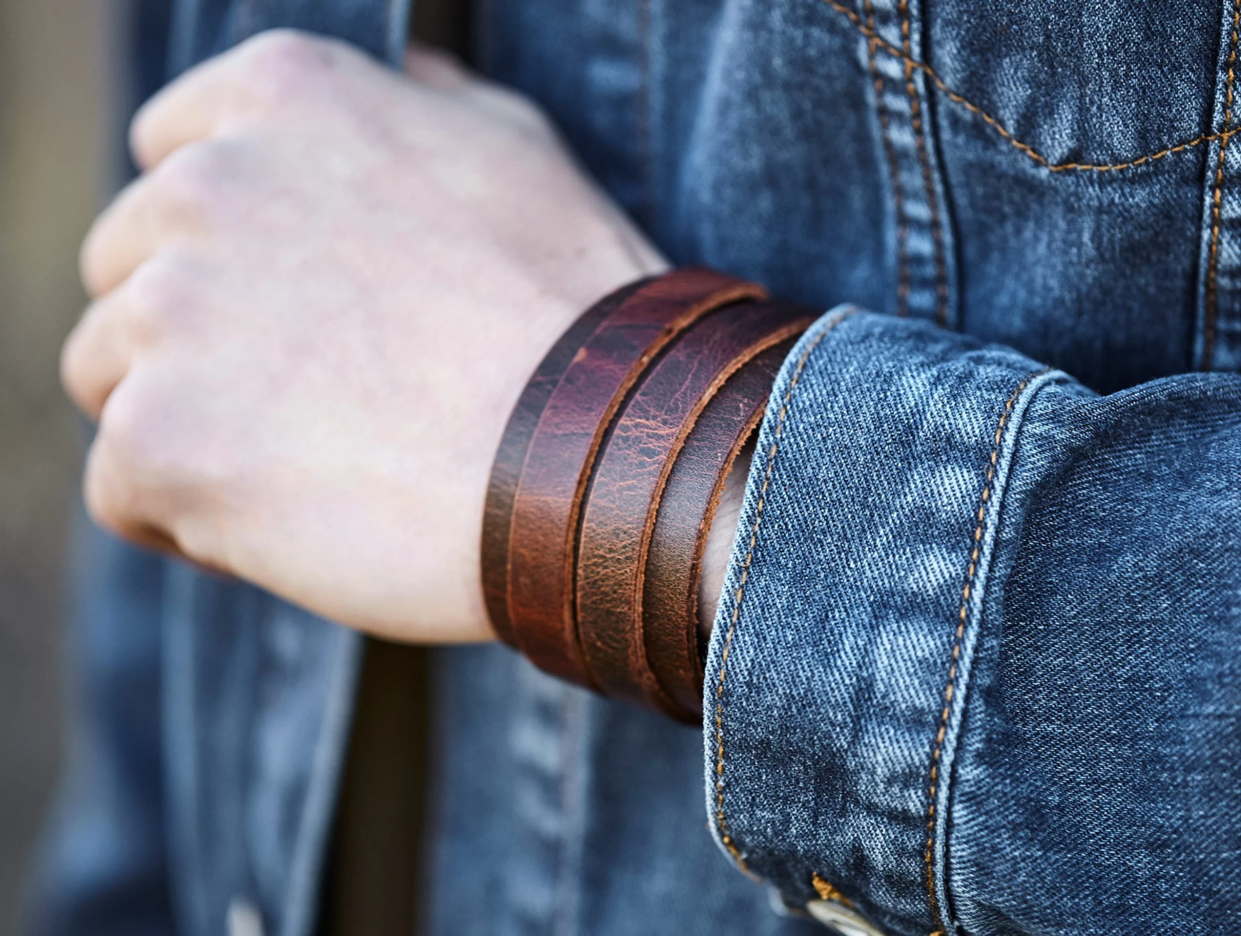 Wide Rustic Dark Brown Leather Cuff Bracelet - Image 3