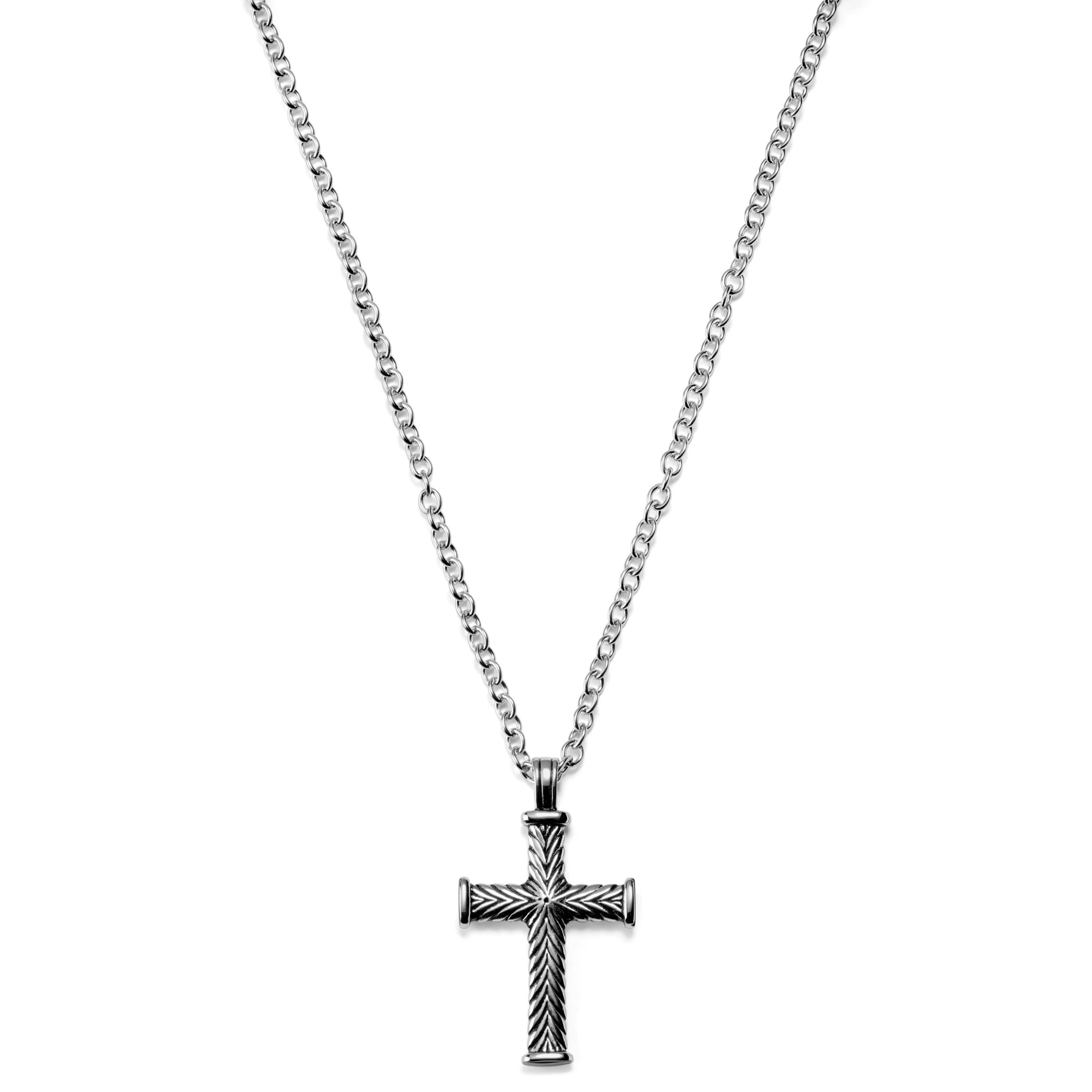 Silver-Tone Stainless Steel With Leaf Cross Cable Chain Necklace - Image 3