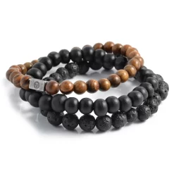 Black Lava Rock & Natural Wooden Bracelet Set