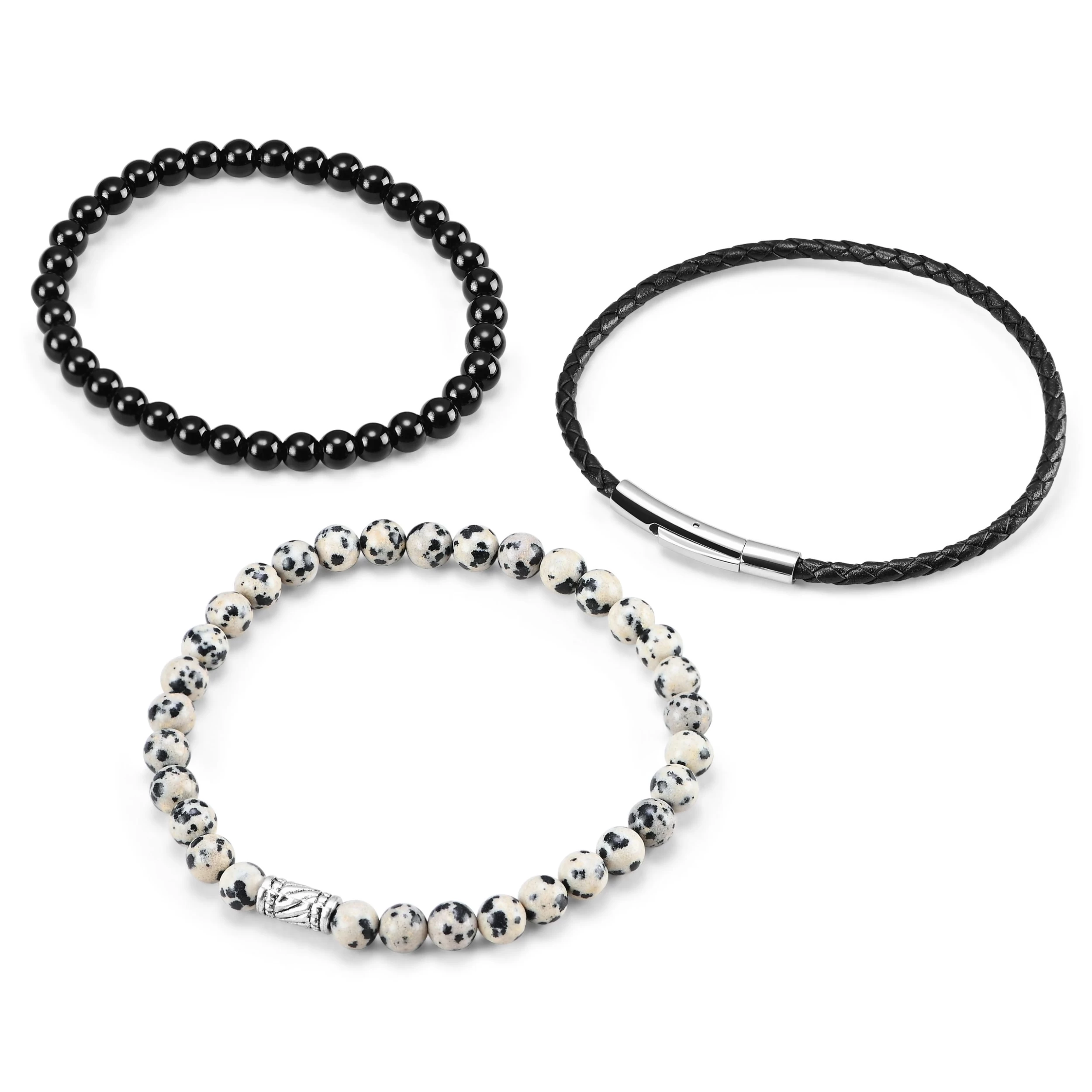 Black & White Natural Stone & Leather Bracelet Set - Image 2